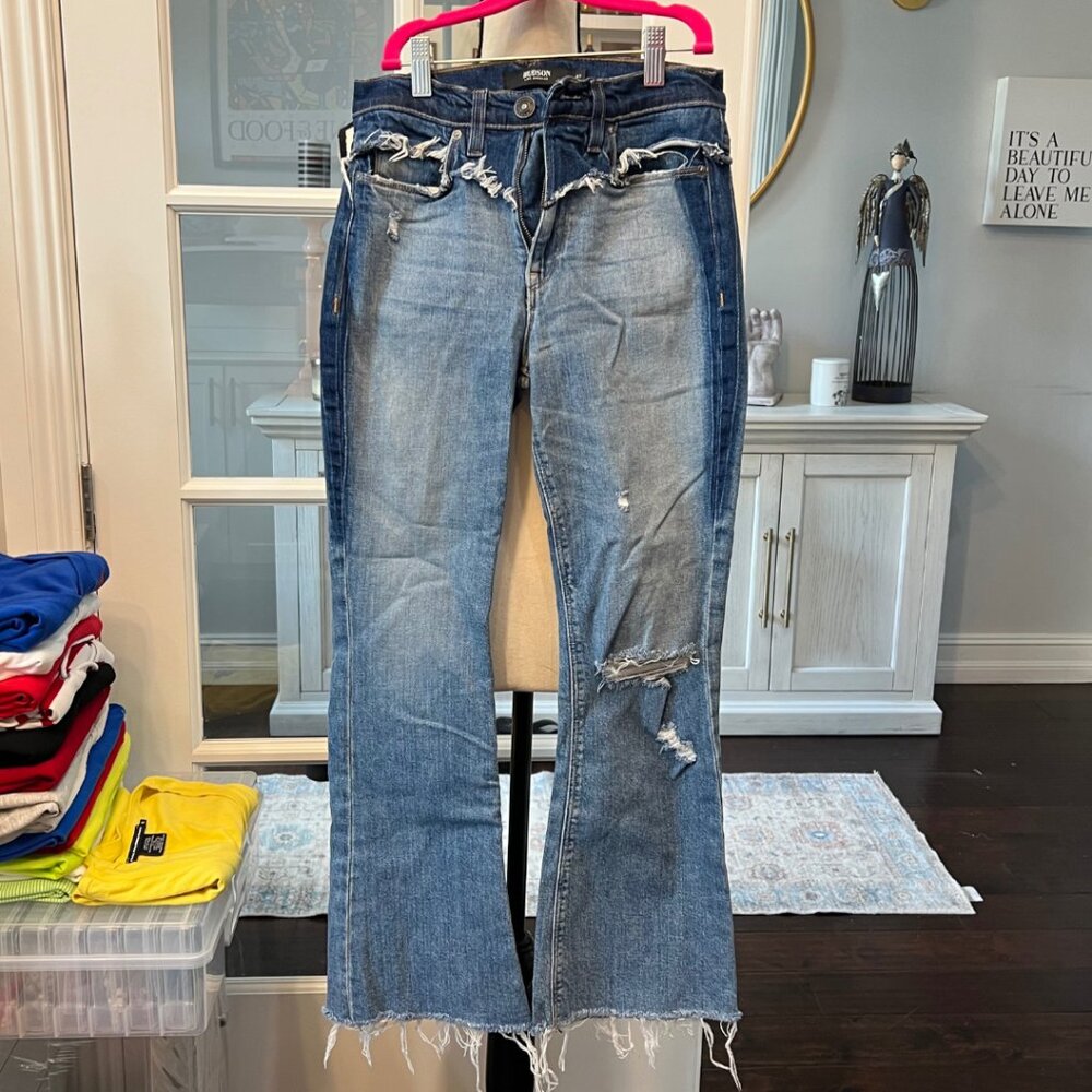 Hudson Los Angeles Distressed Two Tone Flare Jeans 23